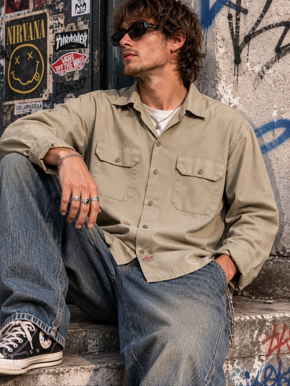 Dickies Work Shirt Mens S Khaki Long Sleeve Button Up Workwear Skate Grunge